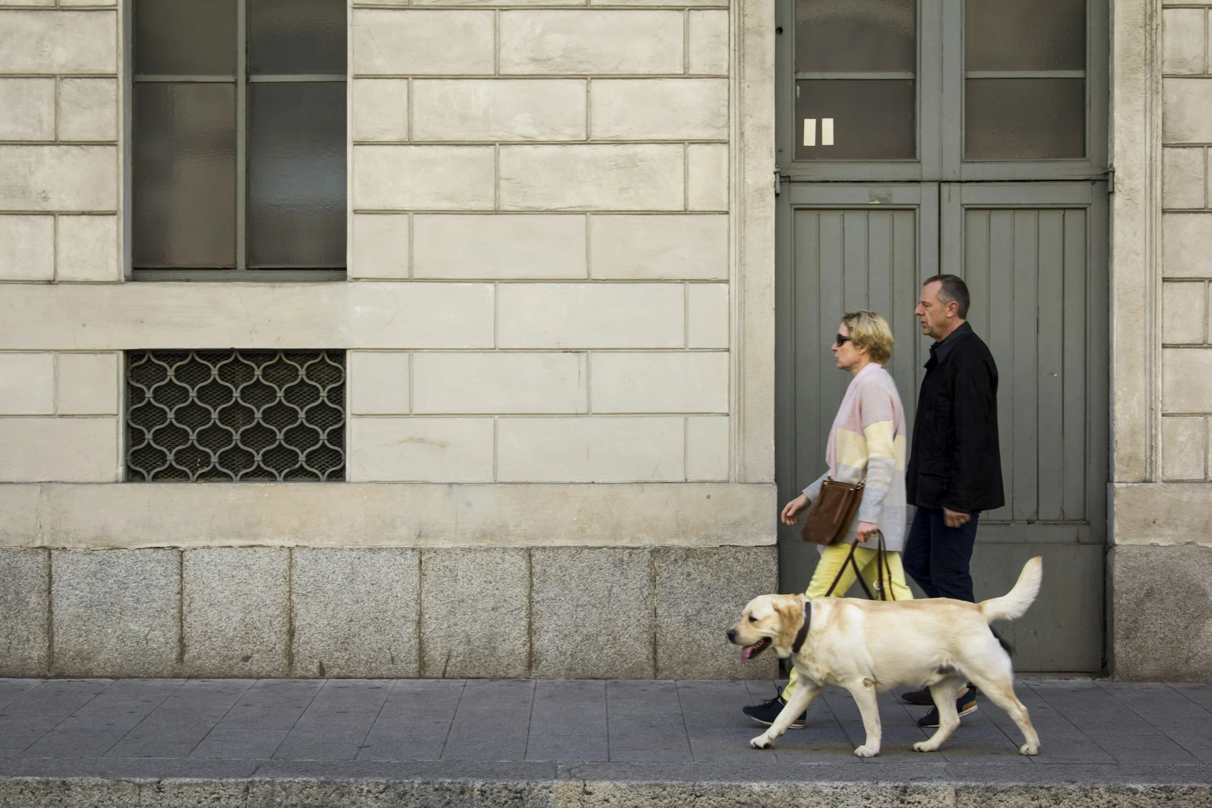 A man and a woman walk side by side on a city sidewalk, with the woman walking a large, light-colored retriever dog. The building behind them has a stone facade, windows, and a door, with a decorative grille covering a lower window.