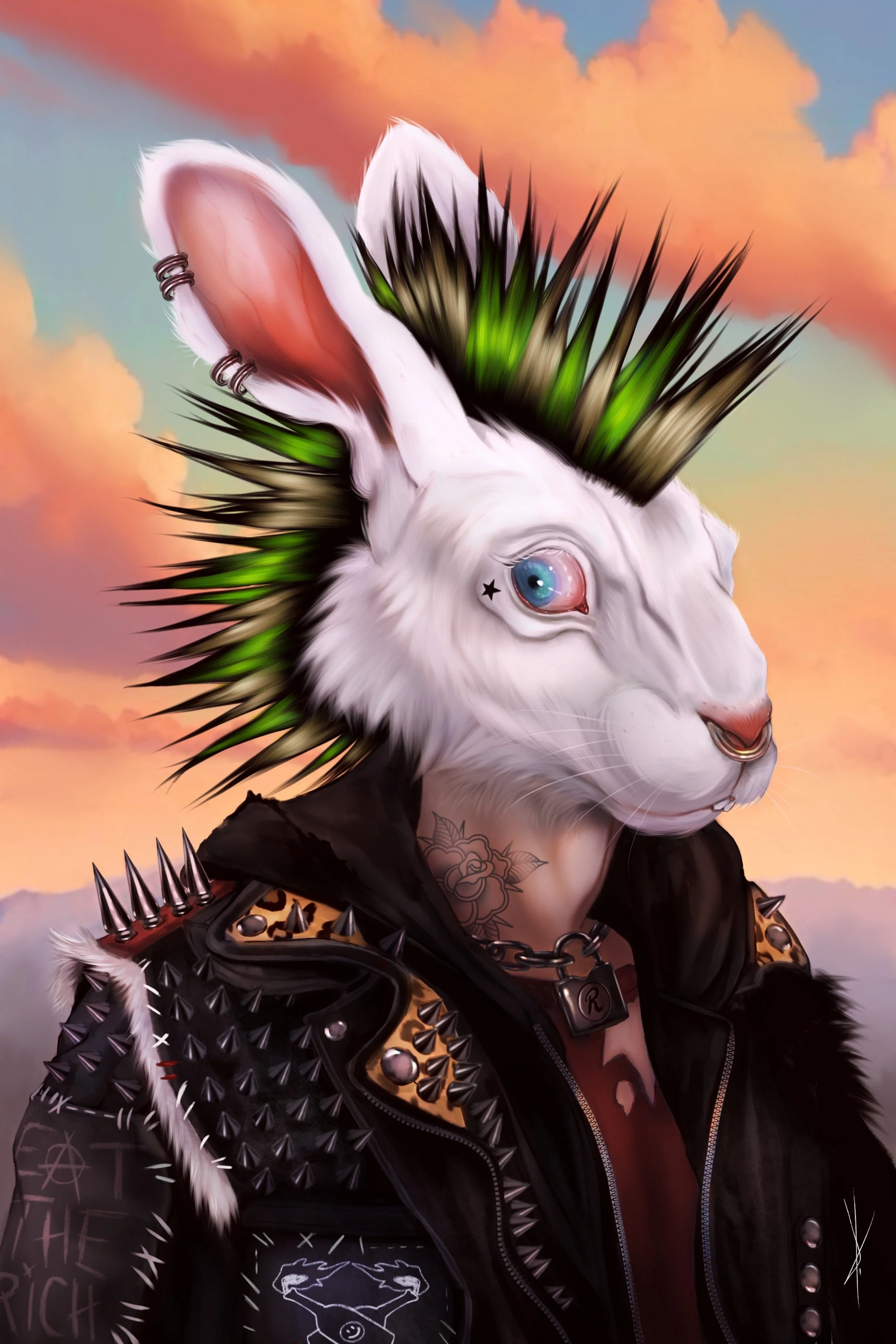 A humanoid rabbit with a punk style, featuring a white fur face and an iris with a star tattoo near the eye. The rabbit has a mohawk with black and green spiked hair, and lobe piercings. Wearing a black leather jacket with spikes and patches, set against a colorful sunset sky.