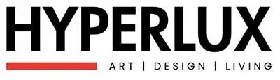 Hyperlux logo with black text, red underline, and tagline art, design, living