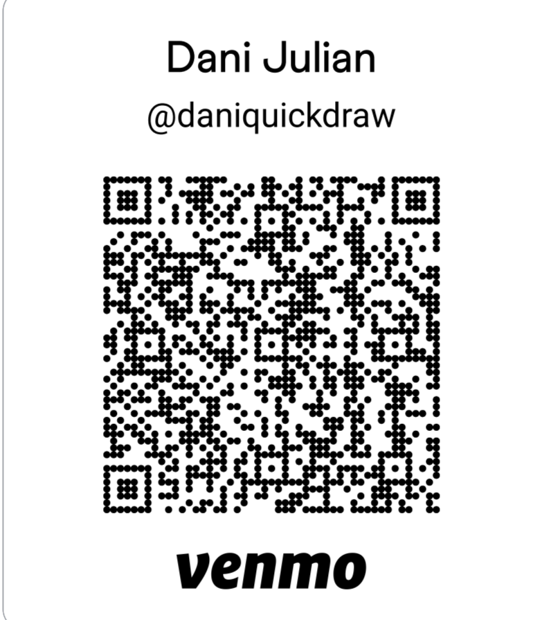 Business card with name "Dani Julian," Instagram handle "@daniquickdraw," a QR code, and the Venmo logo at the bottom.