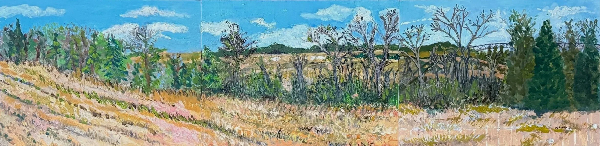 Panoramic painting of a landscape with trees, blue sky, and a field with pink flowers, divided into three panels.