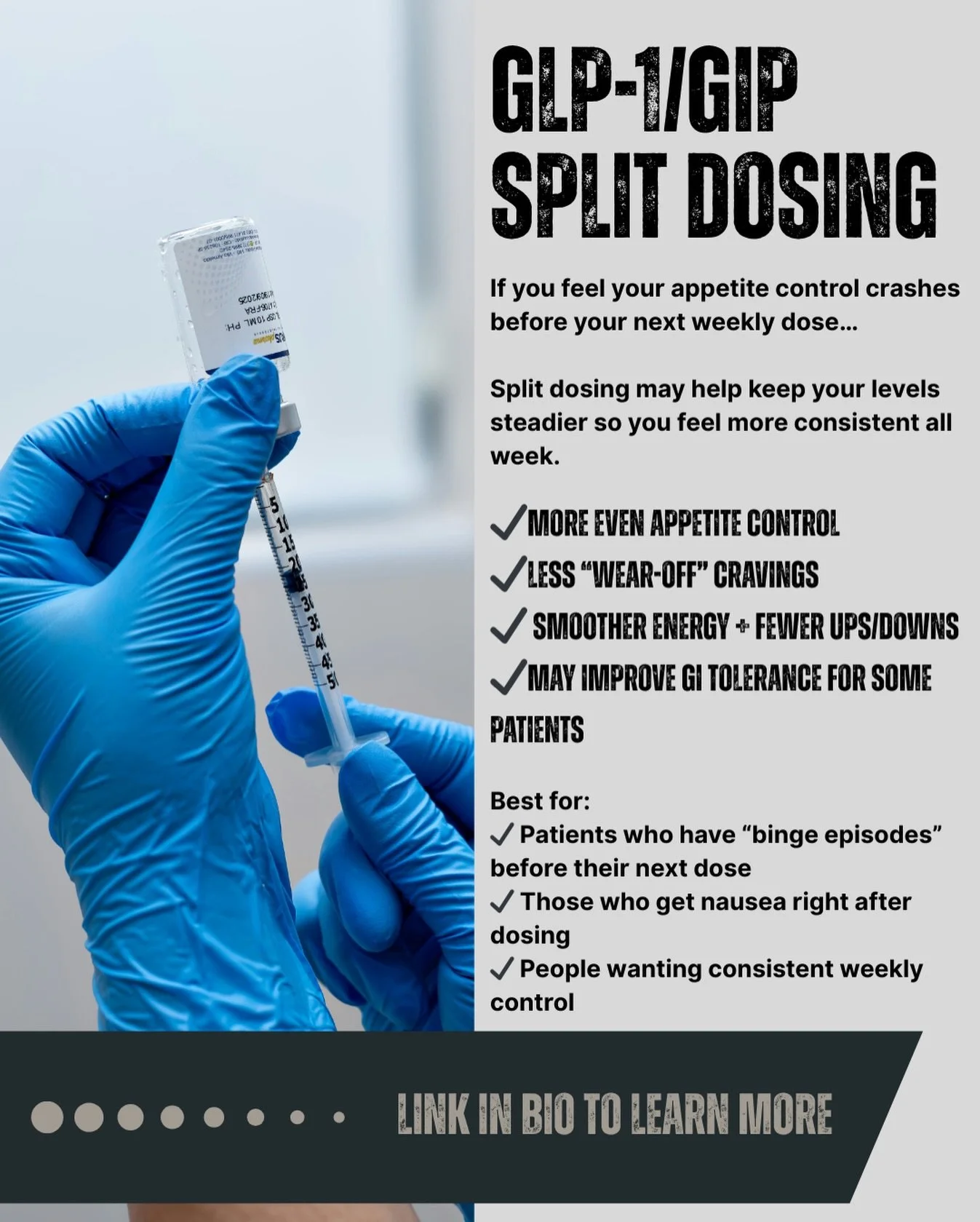 🔥 TIRZEPATIDE &amp; SEMAGLUTIDE SPLIT DOSING = SMOOTHER RESULTS 🔥
Stop the &ldquo;day 2 amazing&hellip; day 6 starving&rdquo; cycle.

If you feel your appetite control crashes before your next weekly dose&hellip;
Split dosing may help keep your lev