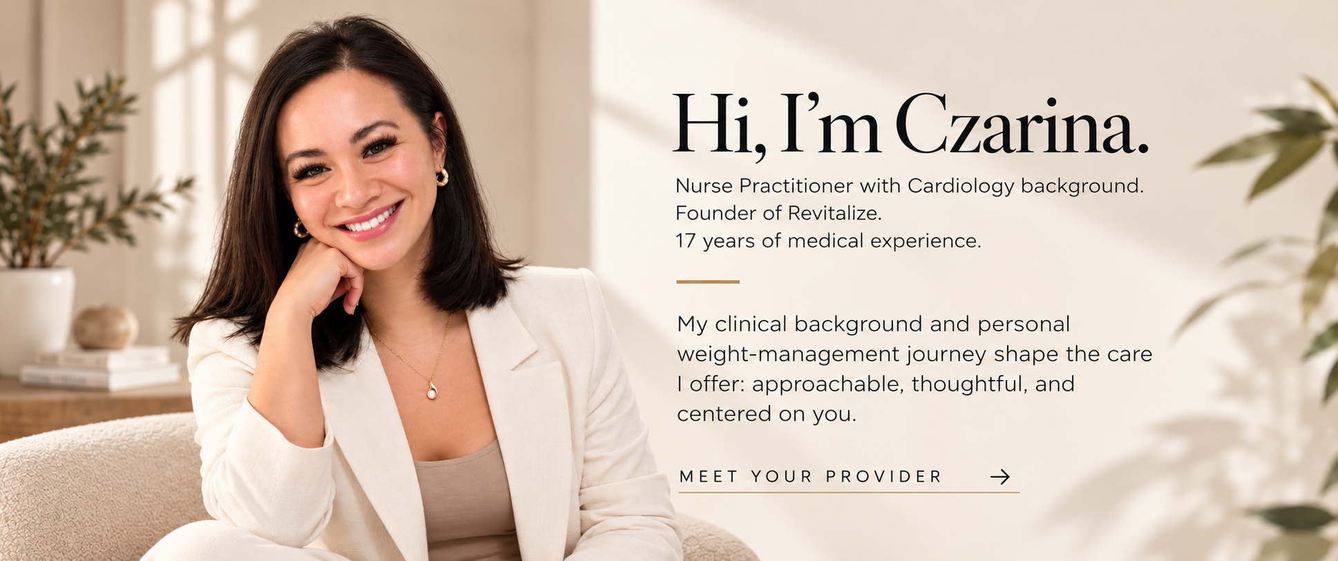 Portrait of a smiling woman with shoulder-length dark hair, wearing a white blazer and a necklace, sitting in a cozy, well-lit room with plants and books, next to a text introduction about her as a nurse practitioner named Czarina.