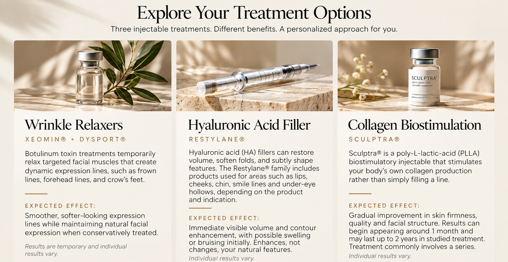 A webpage titled 'Explore Your Treatment Options' displaying three injectable treatments: Wrinkle Relaxers with a small vial and leaves, Hyaluronic Acid Filler with a syringe on a marble surface, and Collagen Biostimulation with a small jar and flowers, each with descriptions of their benefits.