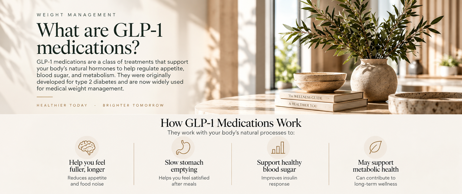 A webpage about GLP-1 medications explaining what they are and how they work, featuring a modern interior with a vase of green foliage, stacked books, and ceramic bowls.