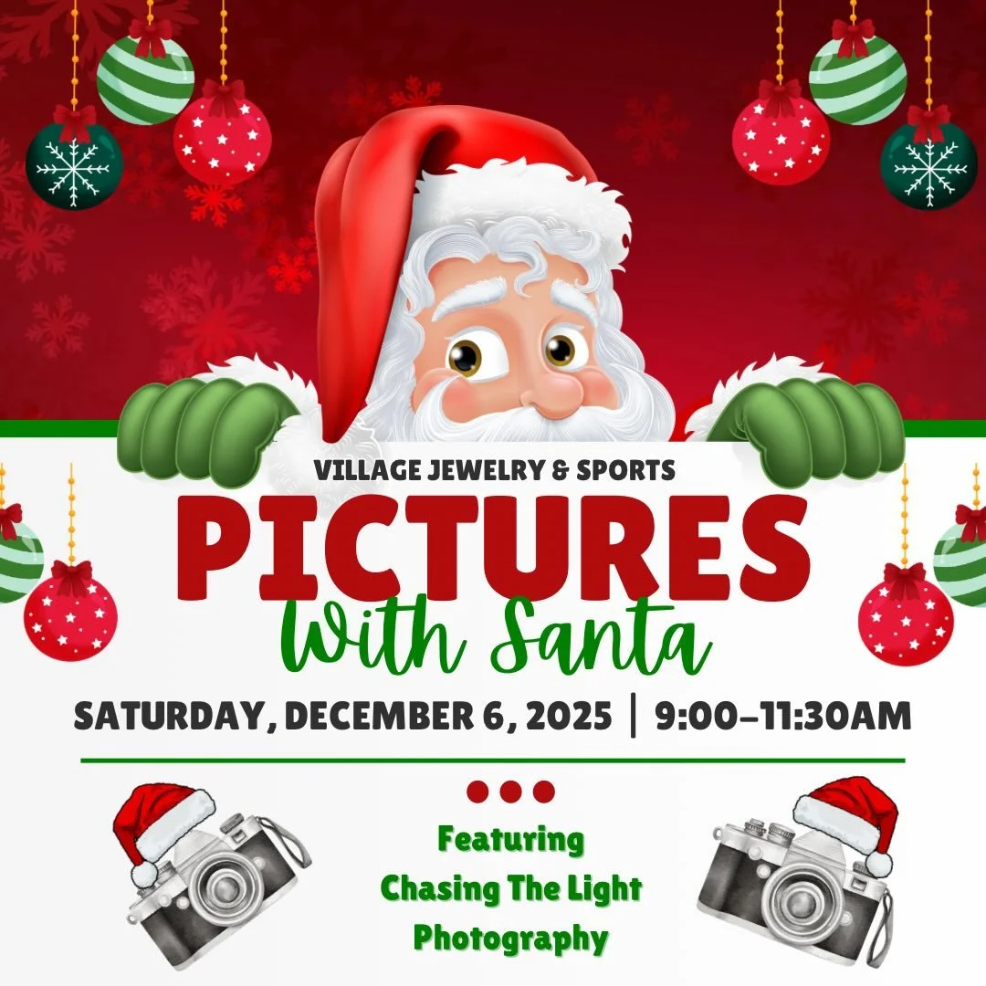 🎅🏻Santa is rolling into Village Jewelry &amp; Sports this Saturday, December 6 from 9:00&ndash;11:30AM &mdash; and this year&rsquo;s festive Christmas backdrop is straight out of a holiday movie! 🎄🚂✨

📸Join us for Pictures With Santa featuring C