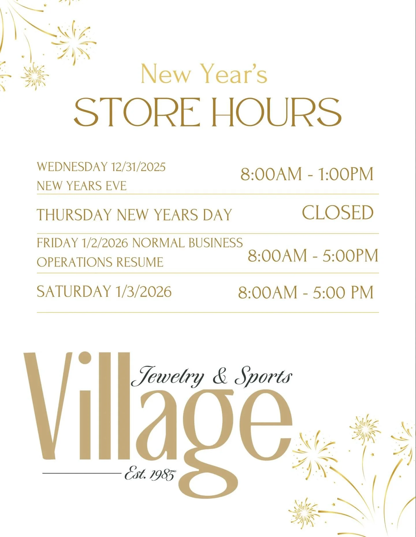 🎆 New Year&rsquo;s Hours at Village 🎆
Please note our adjusted hours as we ring in the New Year!
We appreciate our customers and wish you a happy &amp; safe New Year!✨