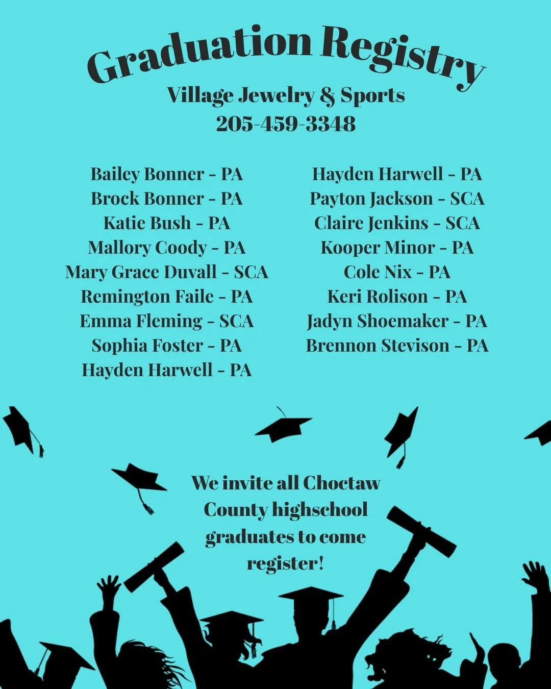 Happy Graduation! Come shop our graduates registries! We invite all of Choctaw County high school seniors to come register if they haven&rsquo;t already! 🤩🎓😁