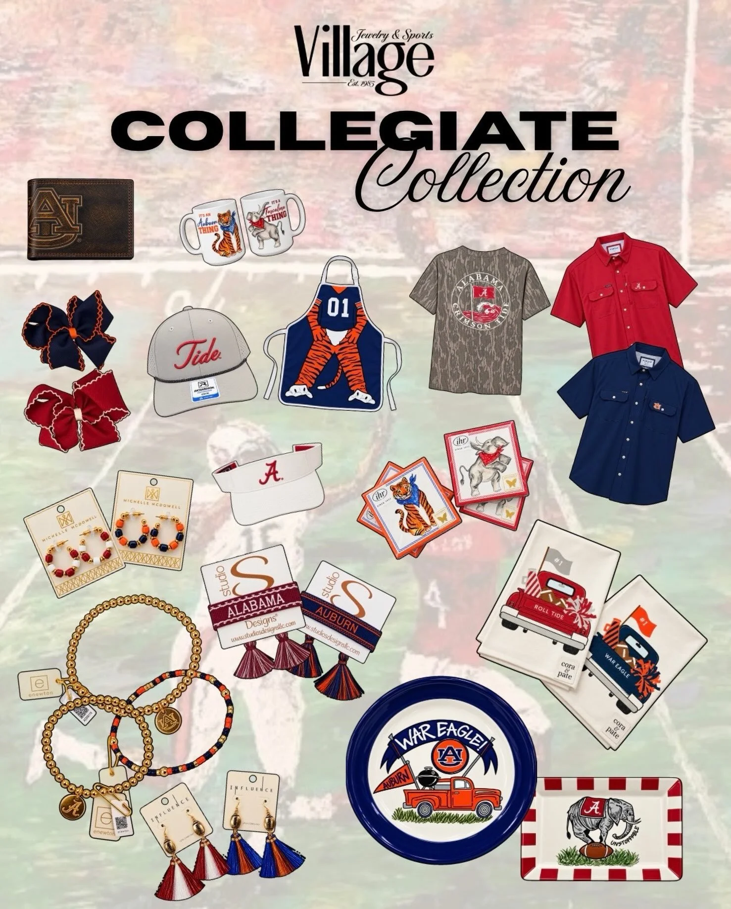🏈 GAMEDAY starts at Village! 🏈

Whether you&rsquo;re yelling ROLL TIDE ❤️🐘 or WAR EAGLE 🧡🐅, we&rsquo;ve got your Saturday covered!

From apparel &amp; hats to jewelry, gifts, home d&eacute;cor and ALL the accessories &mdash; Village is your one-