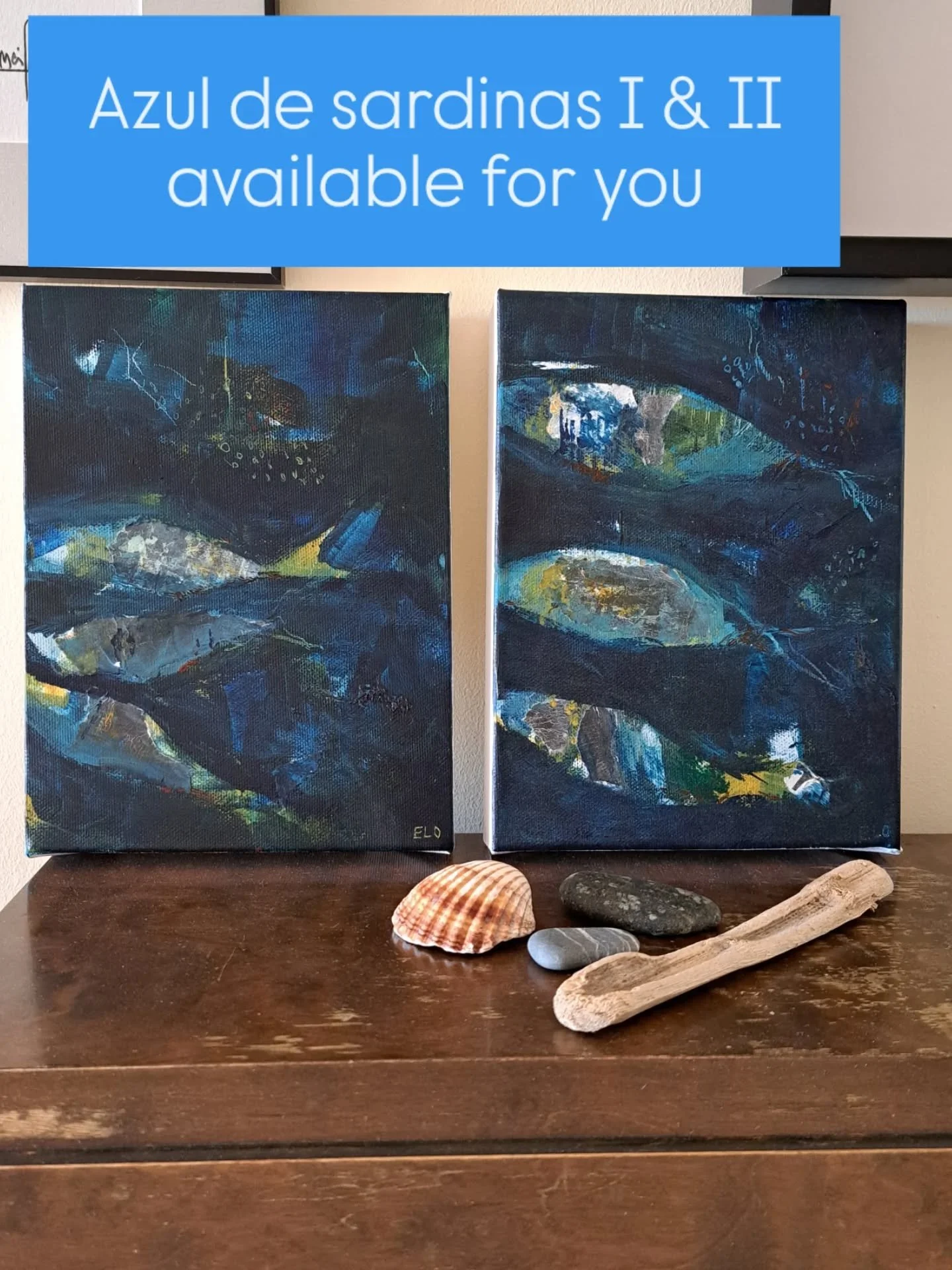 These two paintings, 'Azul de sardinas' I &amp; II, are available for you! Acrylics and collage on deep canvas, 18x24 cm. DM me if you want them for your walls!
#bluepainting #artbythesea #azuldesardinas #colourfulart #artforsalebyartist