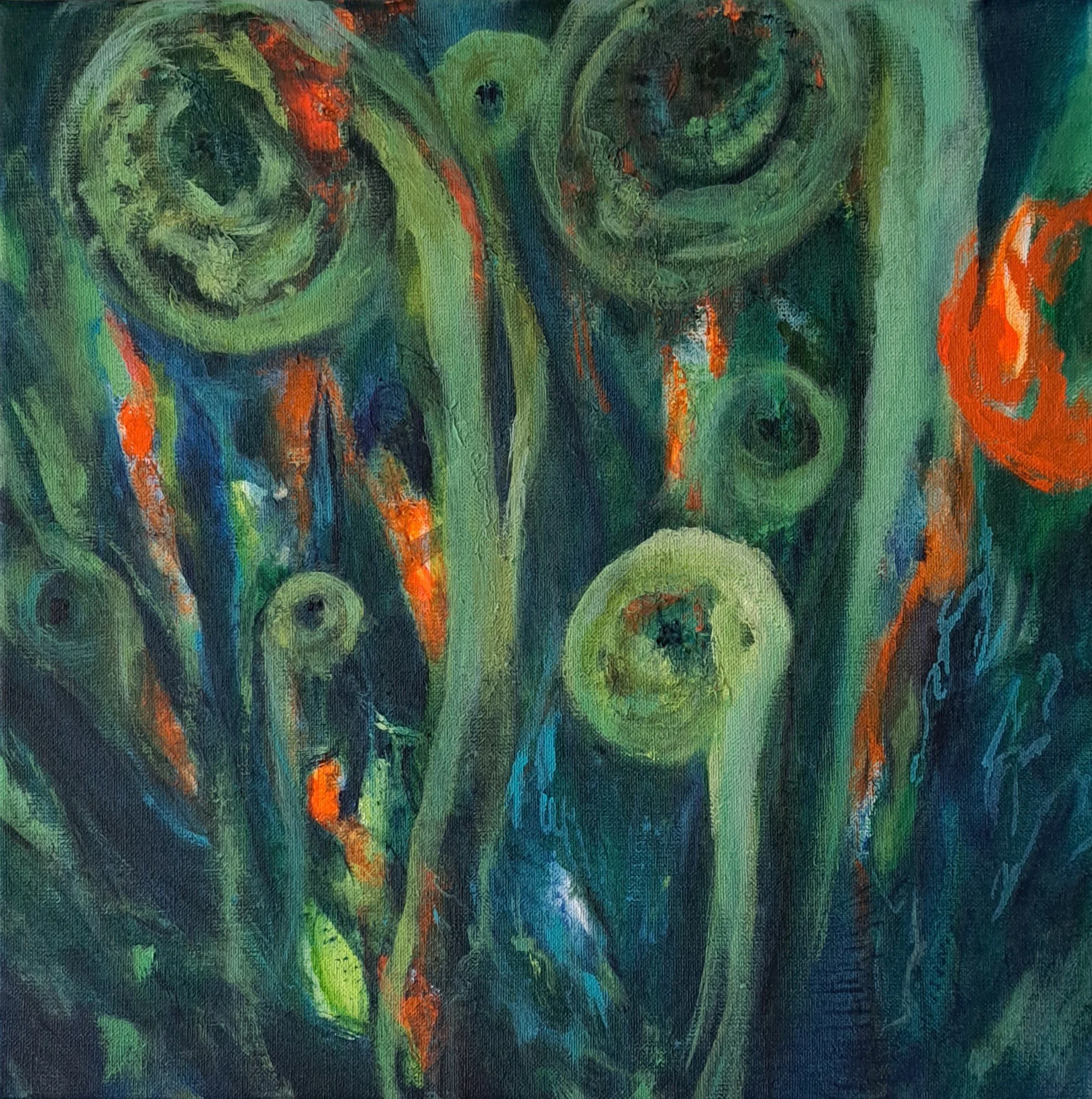 Borrowed landscapes: The Birth of Curious Ferns, 2025, acrylics, 40x40 cm, 500€