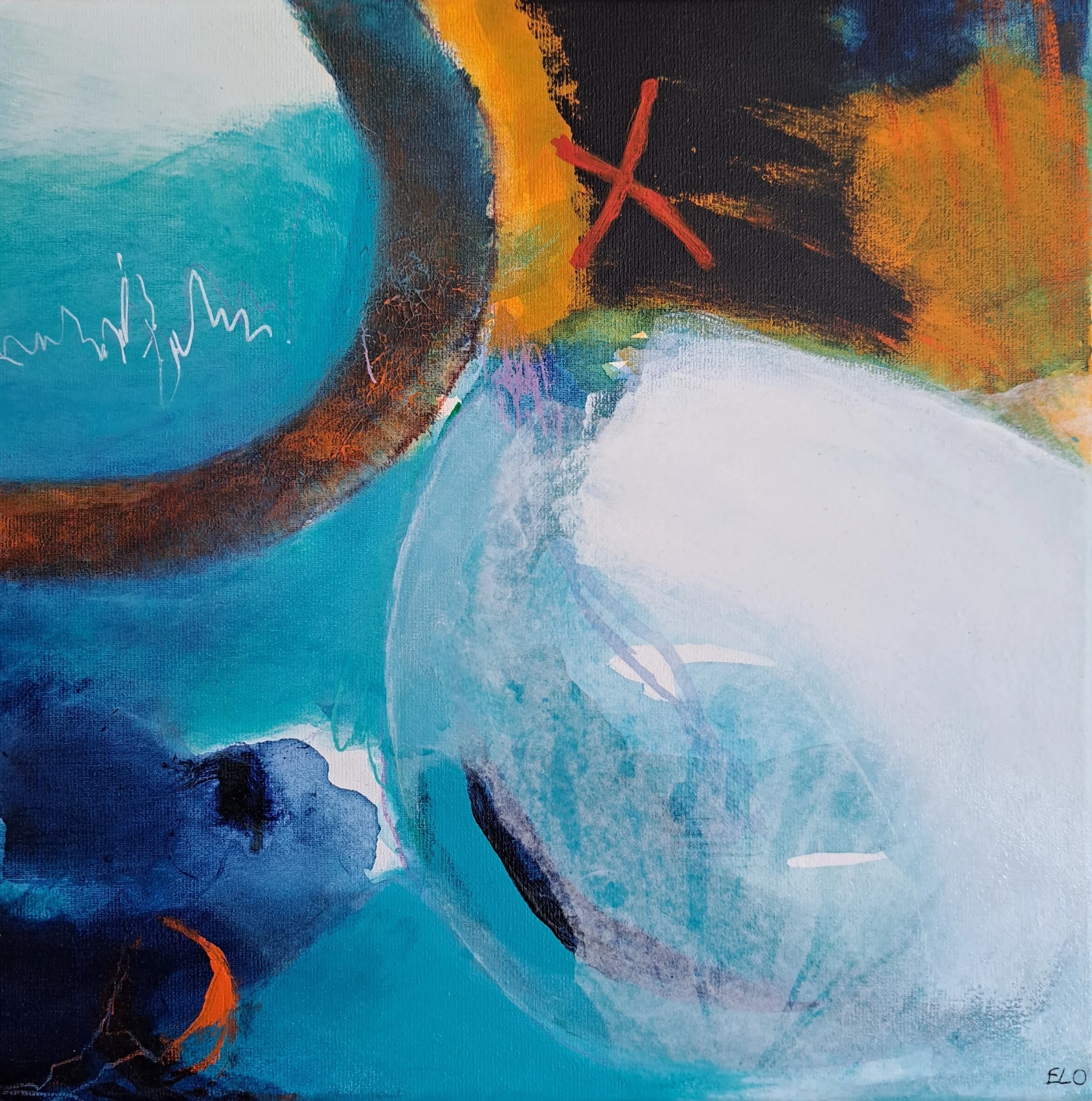 Puerto III, 2023, acrylics and collage, 30x30 cm, framed, 400€