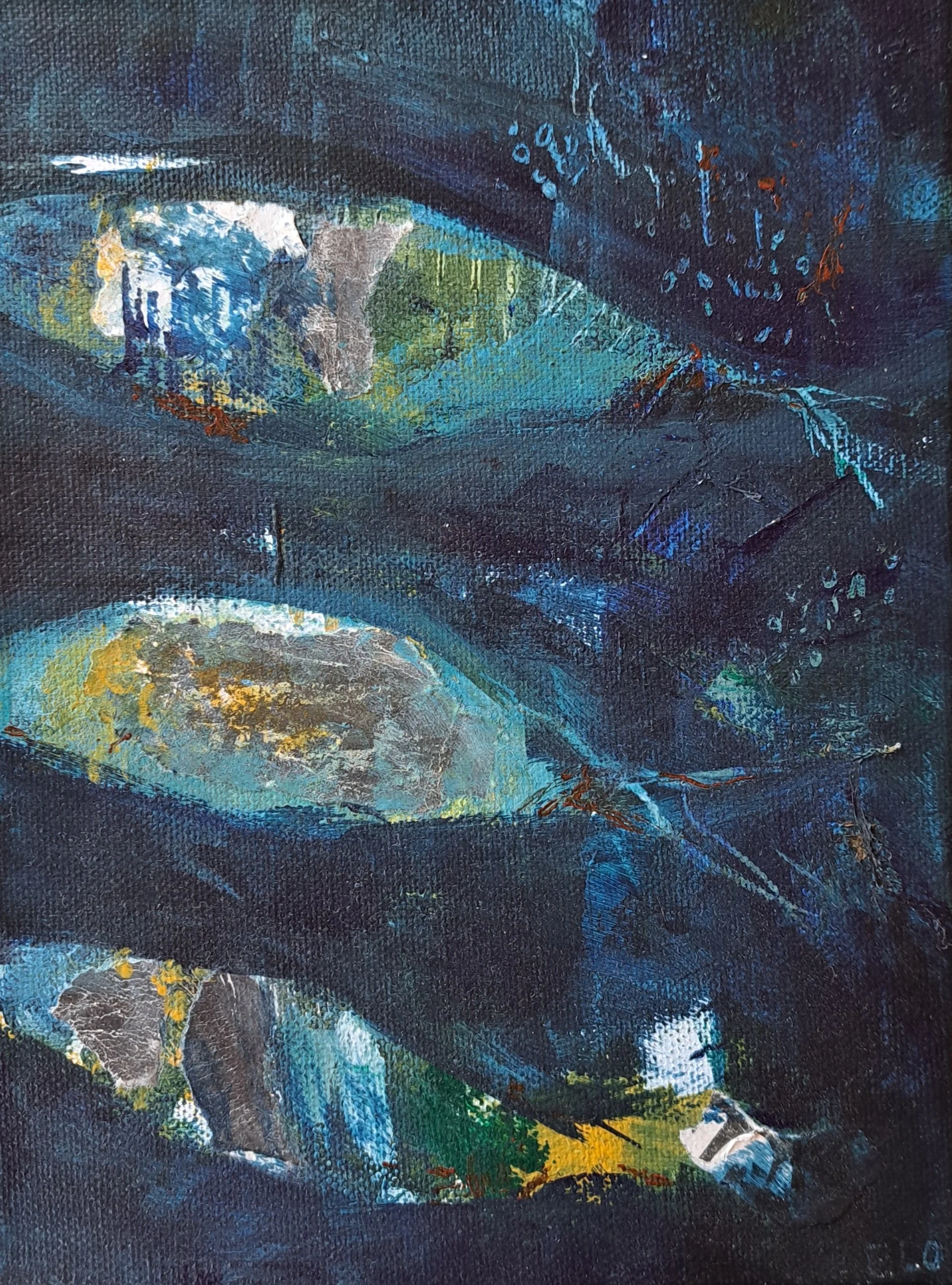 Azul de sardinas I, 2025, acrylics and collage, 18x24 cm, 250€