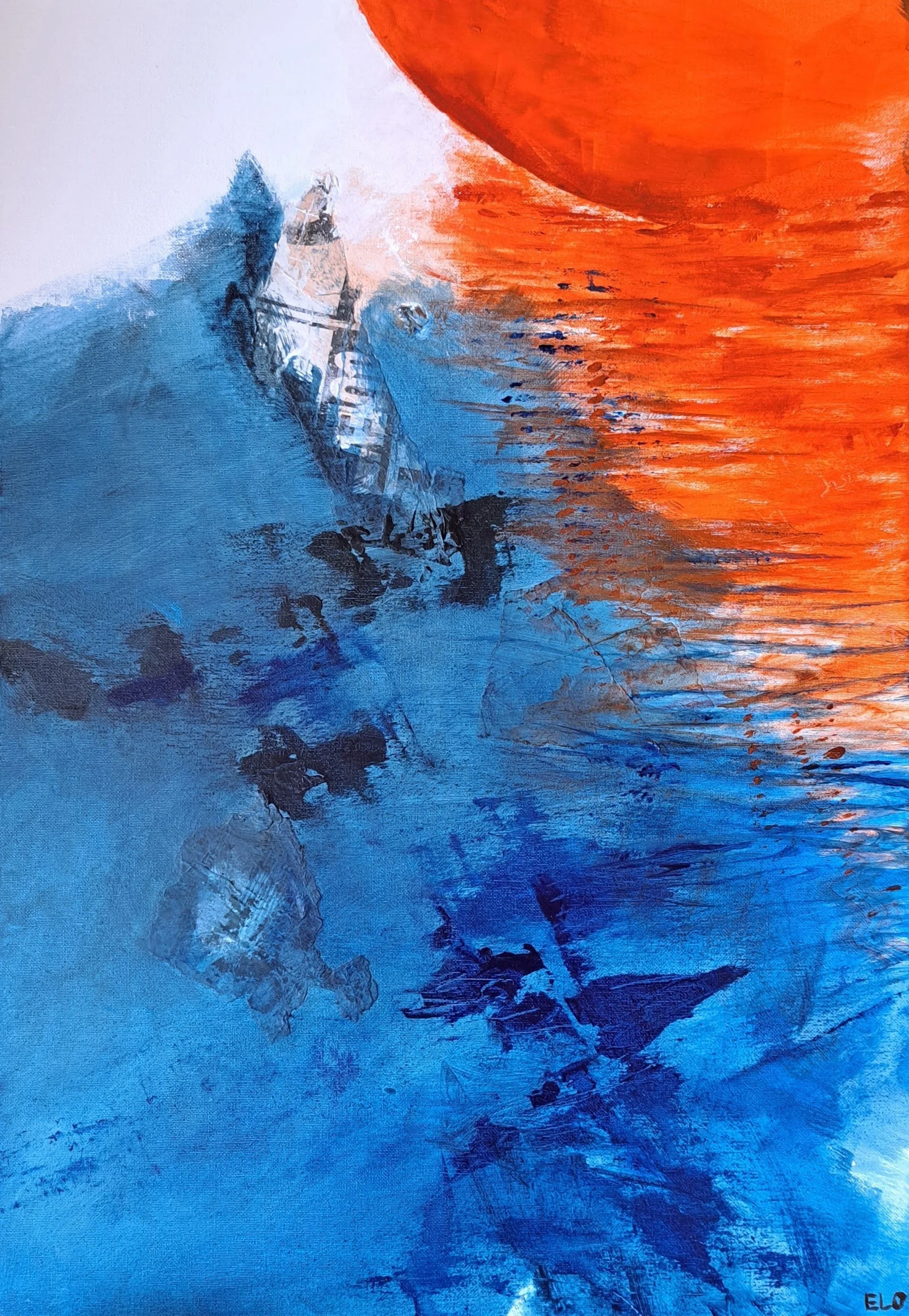 Entre dos barcos II, 2026, acrylics and collage, 55x38 cm, 600€ 