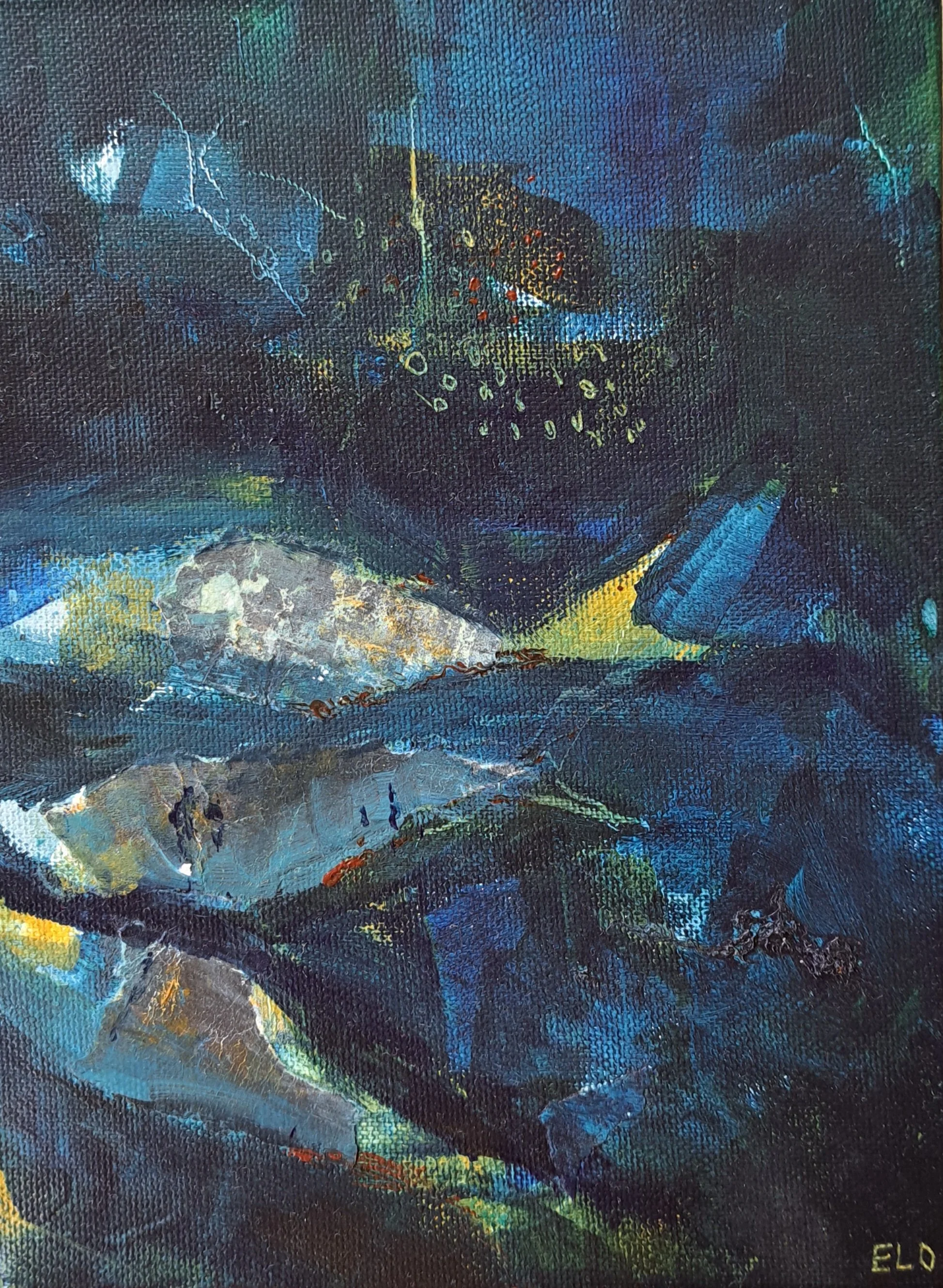 Azul de sardinas II, 2025, acrylics and collage, 18x24 cm, 250€