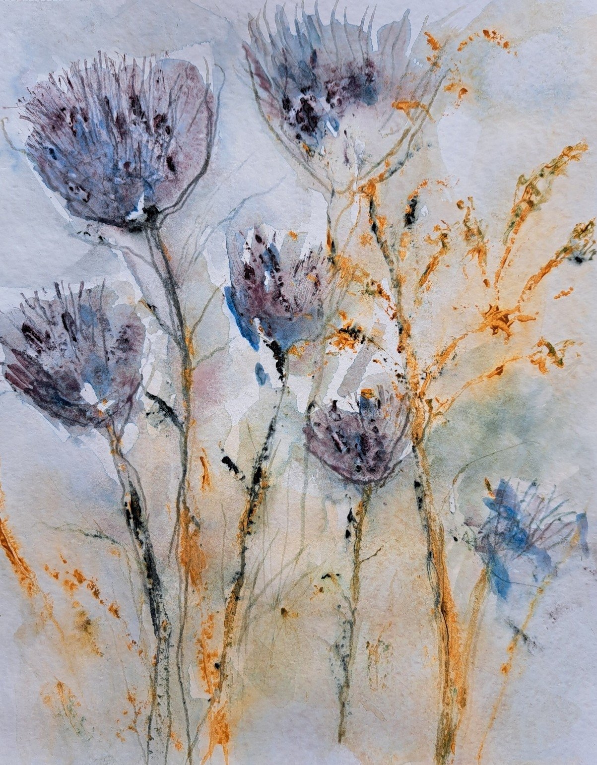 Tistlar i kvällssol, 2024, watercolour, 40x50 cm, framed 51x42 cm, 400€