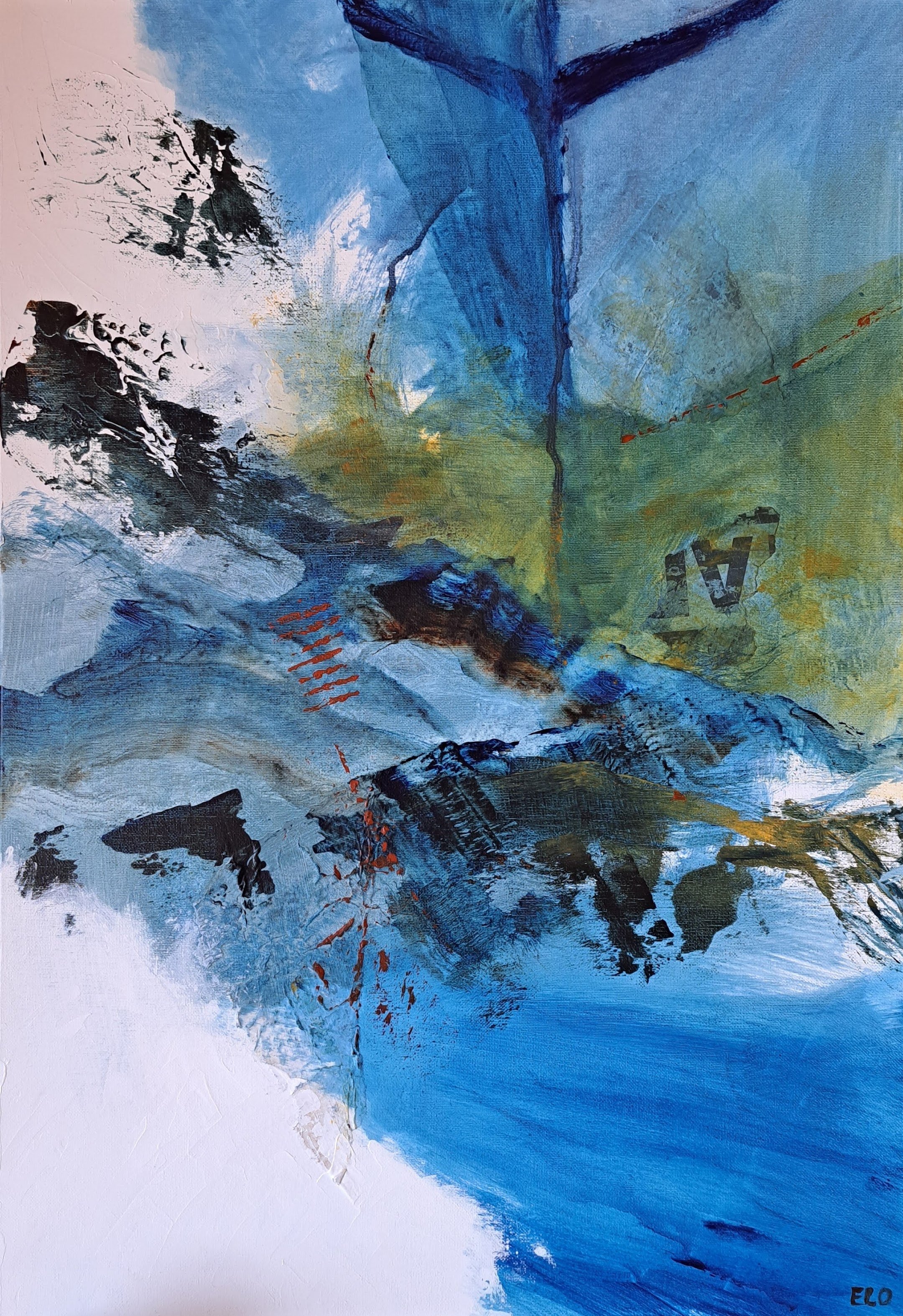 Entre dos barcos I, 2026, acrylics and collage, 55x38 cm, 600€ 