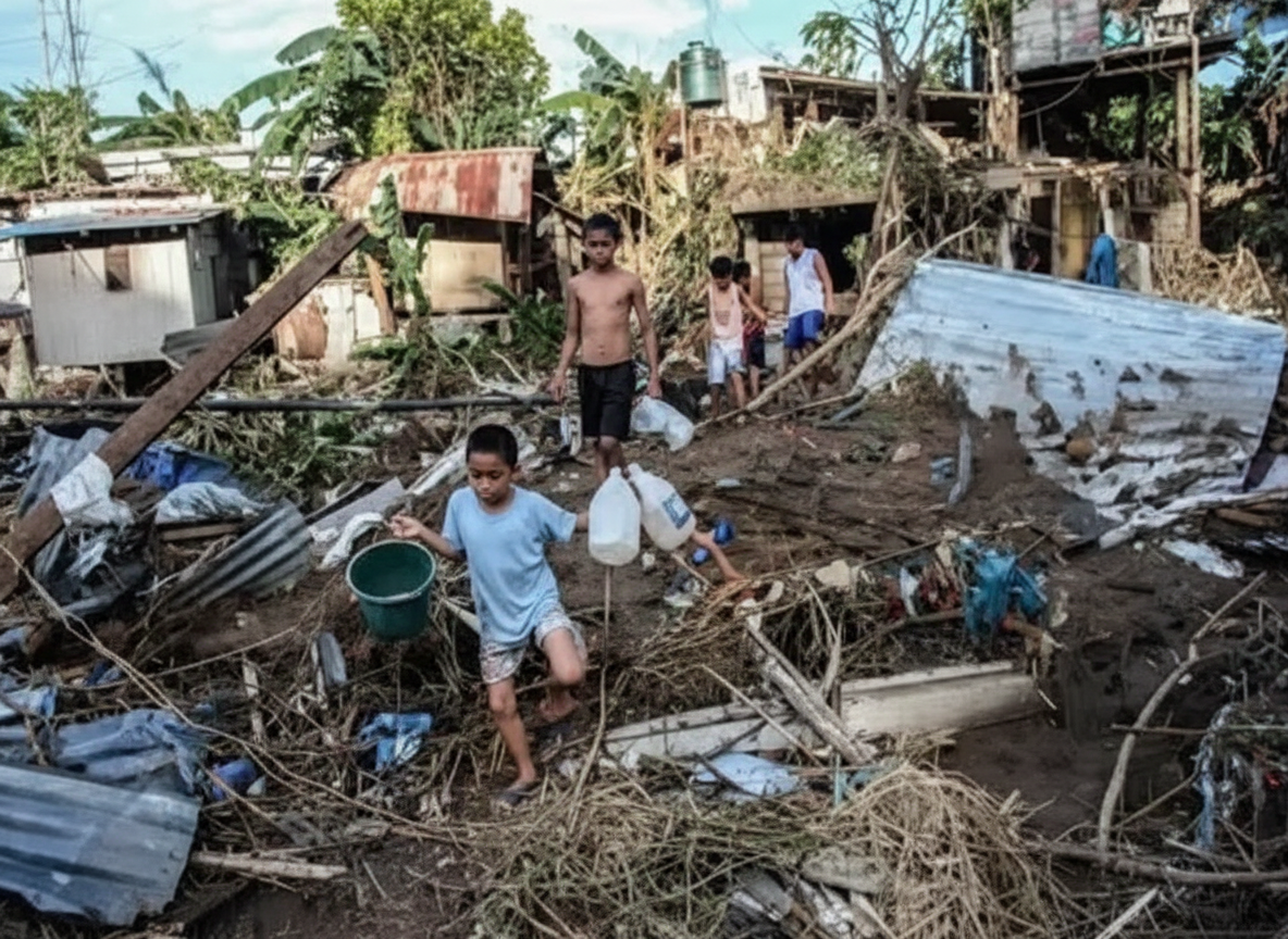 Children playing amidst debris and wreckage from destruction, with damaged structures and scattered objects around.
