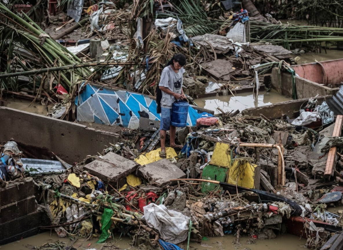 A man stands amidst debris and wreckage after a flood, holding a blue water container.