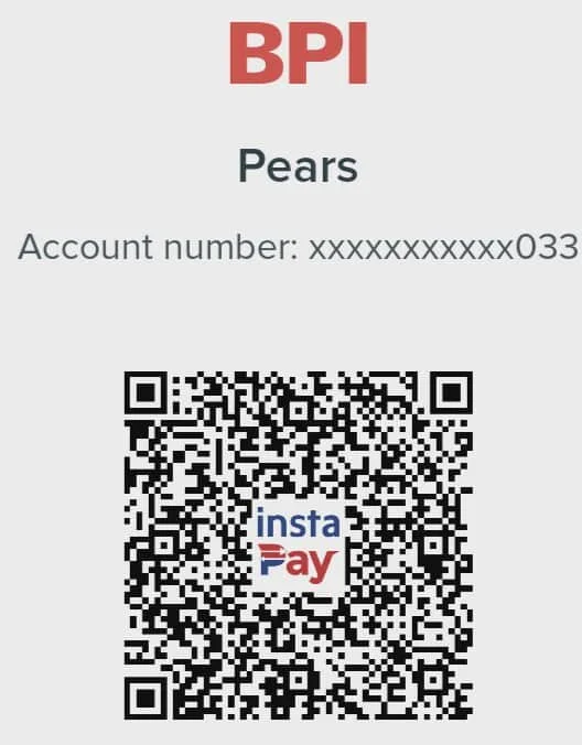 BPI receipt with the word 'Pears,' account number, and a QR code for InstaPay.