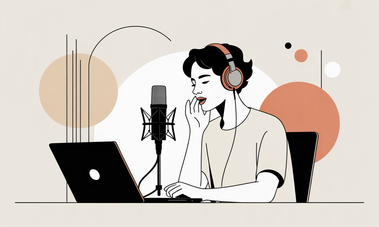 A woman with headphones speaking into a microphone while recording on a laptop, with a minimalistic abstract background.