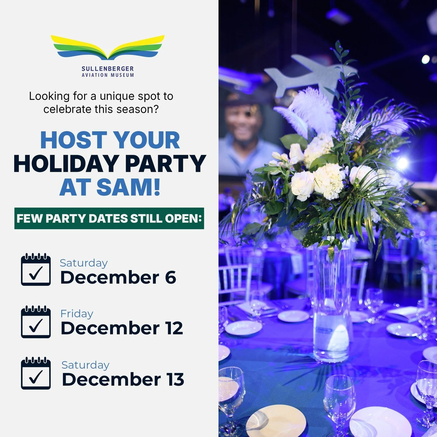 Looking for the perfect place to host your holiday party? ✨ We still have a few peak December dates available at the Sullenberger Aviation Museum! 
📅 Available Dates: 
&bull; Saturday, December 6 
&bull; Friday, December 12 
&bull; Saturday, Decembe