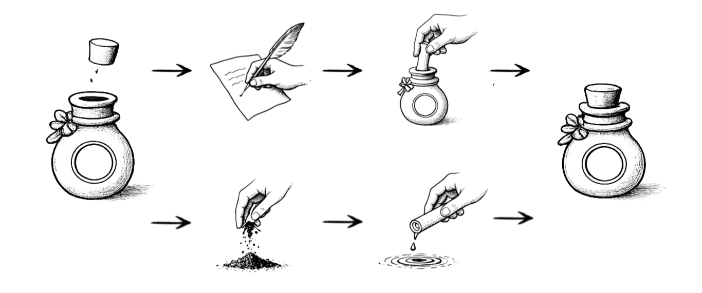 Processus de fabrication de parfums, montrant d'abord une bouteille en verre, puis l'écriture, le parfum, l'ajout d'épices, le broyage, puis le filtrage et enfin la mise en bouteille.