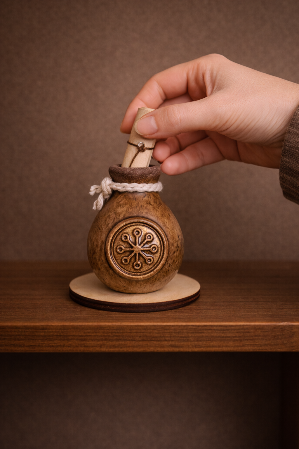 Une main manipulant une petite bouteille en céramique avec un symbole gravé, attachée par une corde, posée sur une table en bois.