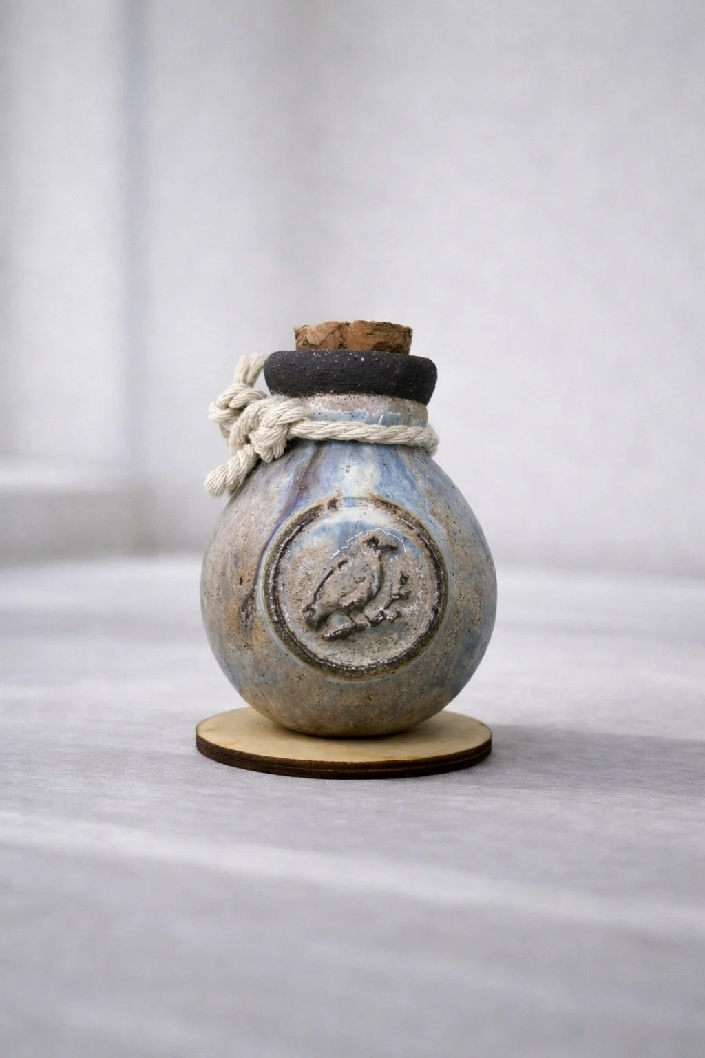 Une petite jarre antique en terre cuite avec un dessin d'oiseau en relief sur la face avant, placé sur un socle en bois, avec un bouchon en liège et un cordon en cordelette autour du col.