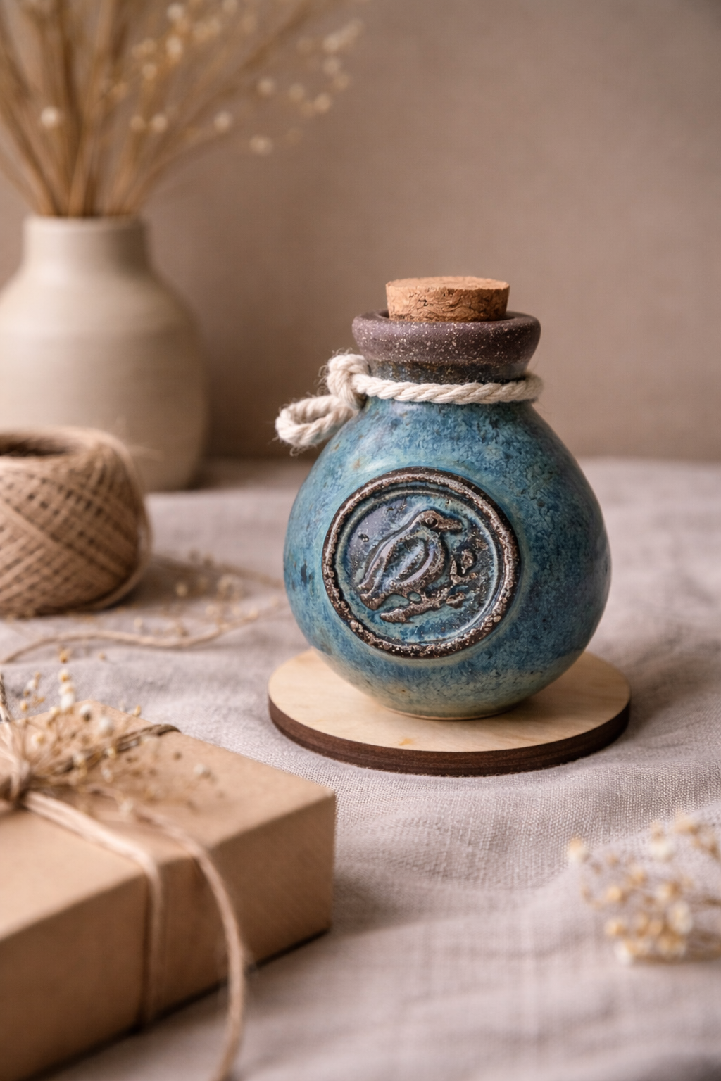 Une petite jarre en céramique bleue avec un badge en relief, un bouchon en liège au sommet, entourée d'une corde, posée sur une table en tissu avec un fond beige. À l'arrière-plan, un vase blanc avec des branches sèches et une bobine de corde, et une boîte en papier kraft avec une ficelle.