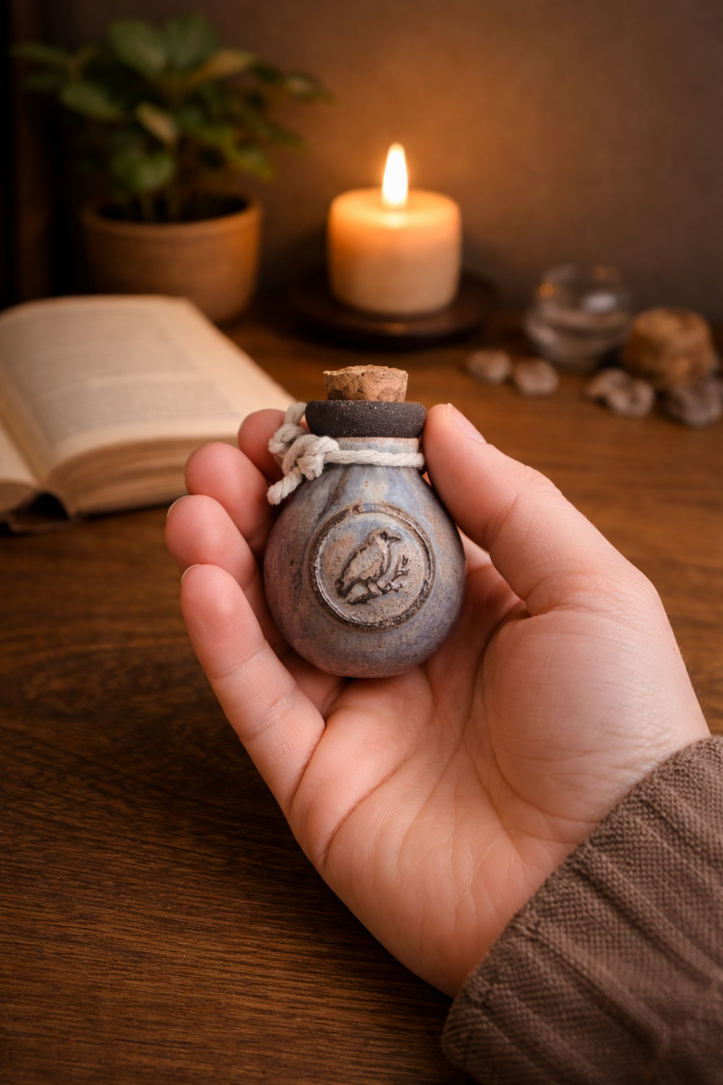 Main tenant un petit flacon en terre cuite avec un symbole d'oiseau, dans un décor chaud avec une bougie allumée, un livre ouvert, et des pierres sur une table en bois.