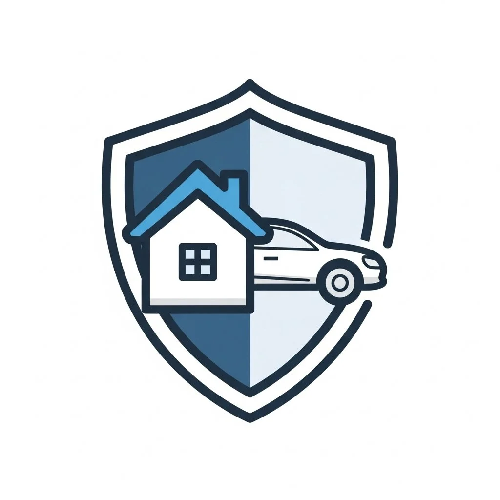 Home and auto insurance shield combining a house and car in a blue emblem