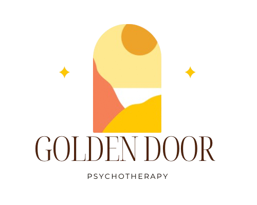 Logo with a stylized golden door and abstract colorful shapes above text reading 'GOLDEN DOOR' and some smaller text underneath.