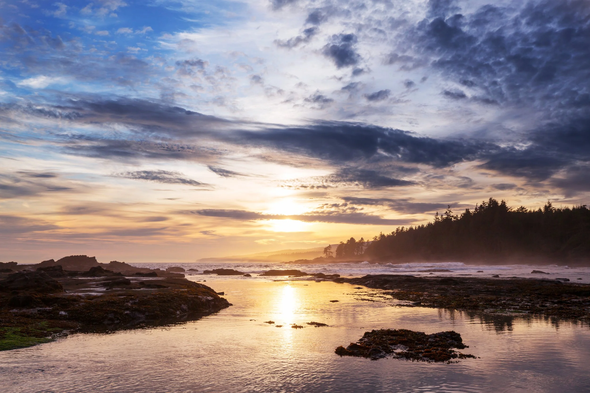 A scenic view of a sunset over the ocean with a partly cloudy sky, rocky shoreline, and trees in the distance.