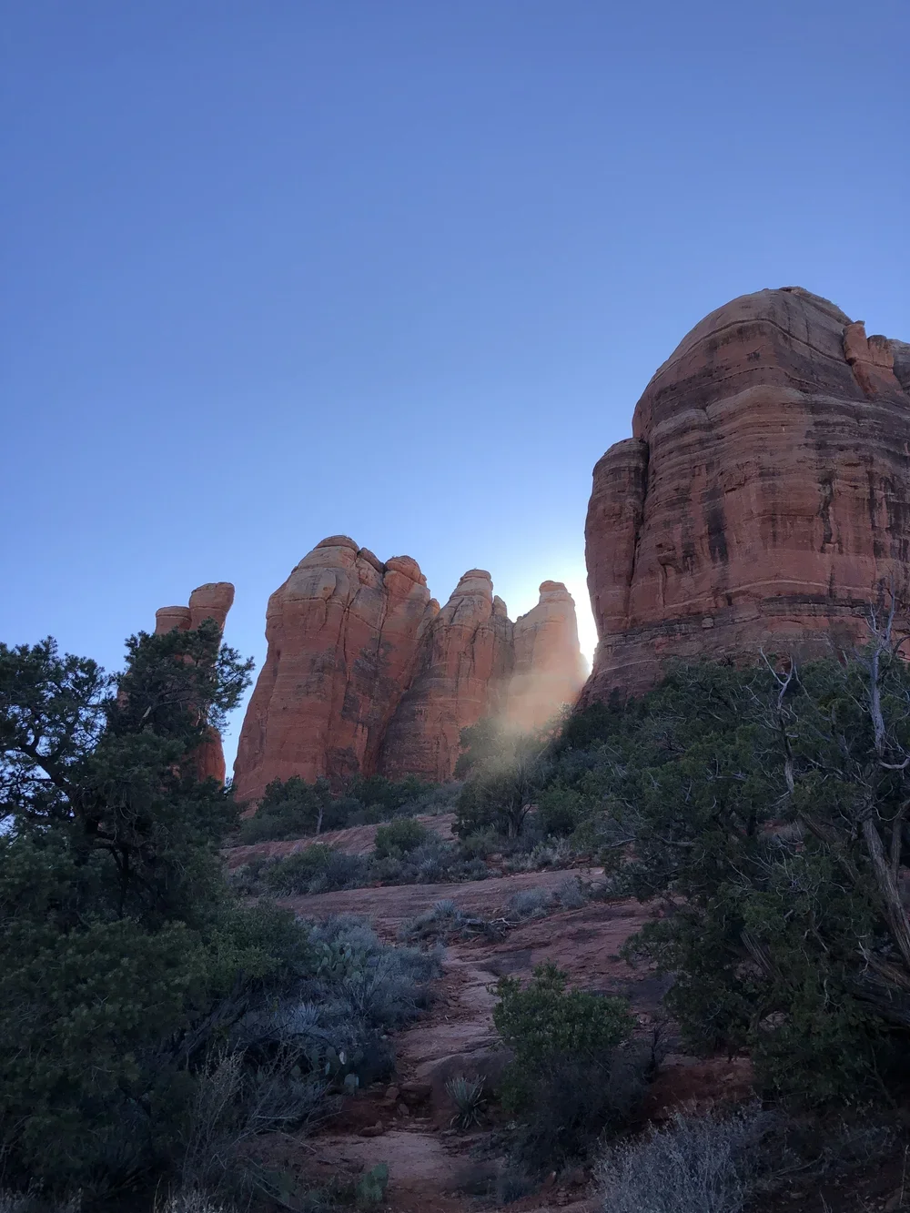 Red rock formations in a desert landscape with green bushes and trees under a clear blue sky.