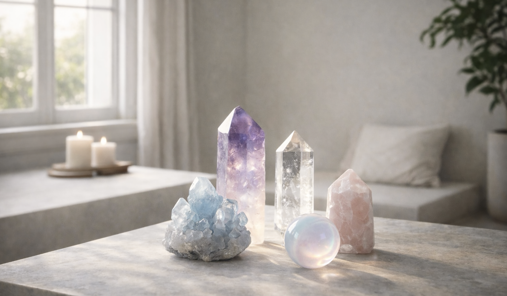 collection de cristaux colorés, incluant un cristal violet, un cristal clair, un cristal rose et une boule iridescente, posés sur une table dans une pièce lumineuse.