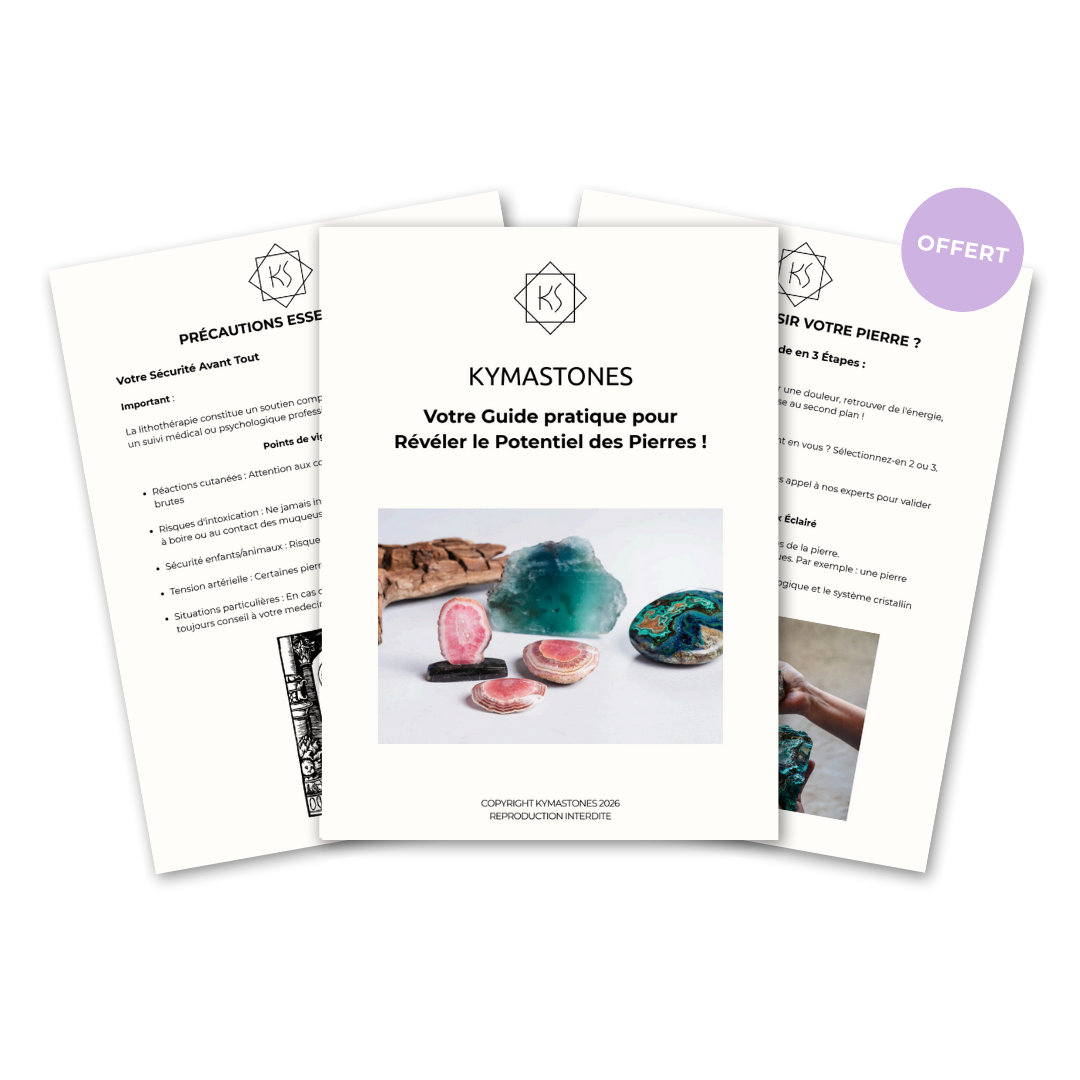 Trois fiches d'informations sur les pierres et la lithothérapie, avec une image centrale de plusieurs pierres de différentes tailles et couleurs.
