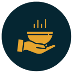 Gold bowl with vertical lines, held by a hand, on a dark blue background