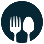 Icon of a fork and spoon inside a circle, representing dining or food.