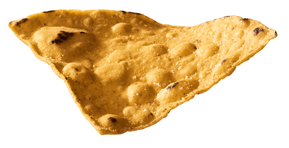Close-up of a single crispy, triangular fried tortilla chip.