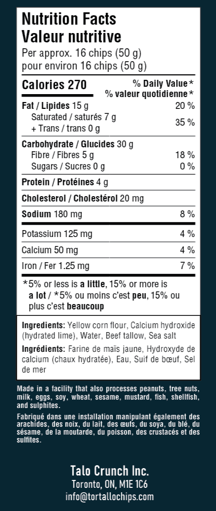 Nutrition facts label displaying a serving size of 16 chips (50 grams), with 270 calories, 15 grams of fat, 30 grams of carbohydrates, 4 grams of protein, and various other nutrients. Ingredients include yellow corn flour, calcium hydroxide, water, beef tallow, and sea salt. The product is made in a facility handling peanuts, tree nuts, milk, eggs, soy, wheat, sesame, mustard, fish, shellfish, and sulfites.