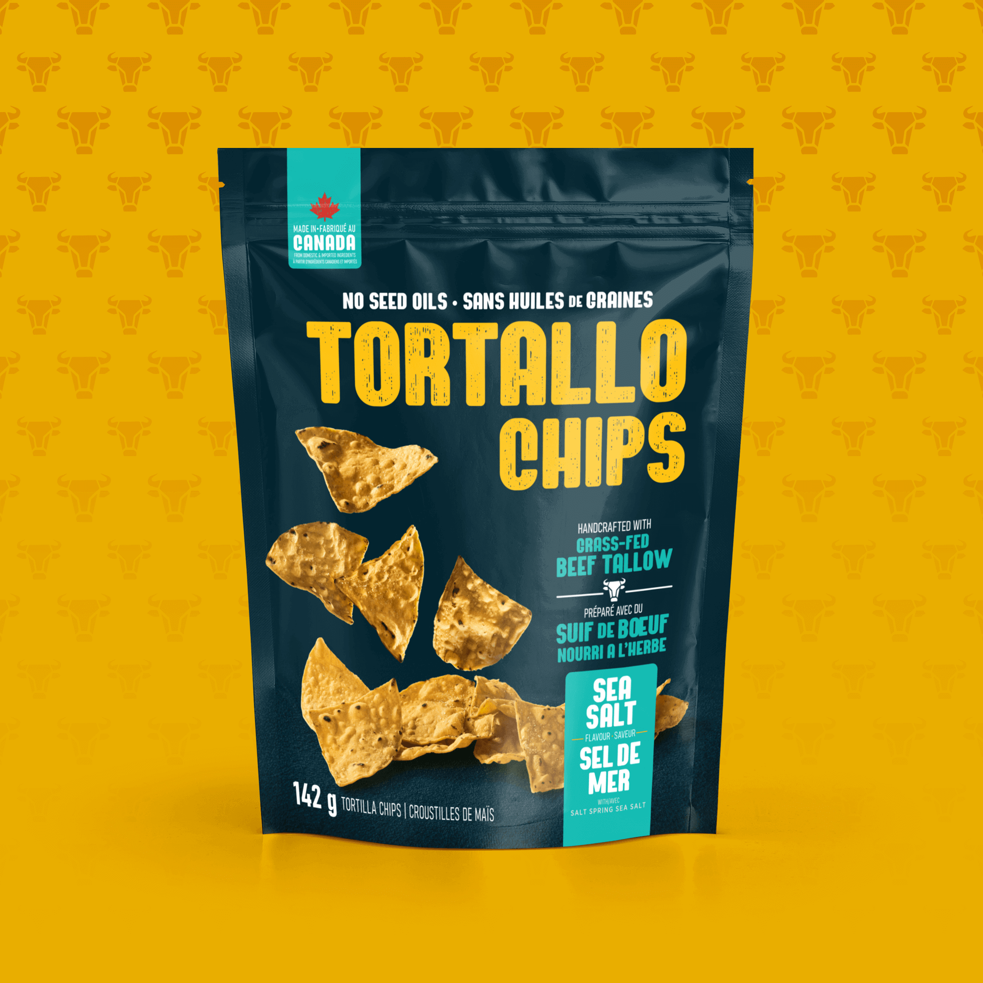 Tortallo Chips Tortilla Chips made without seed oils, handcrafted with grass-fed beef tallow 142 gram bag Sea Salt flavour