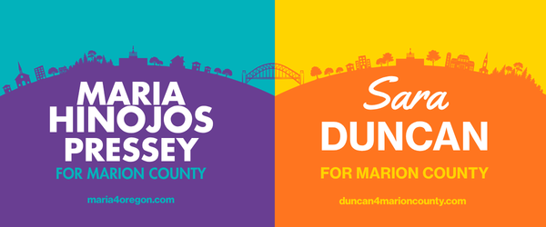 A split graphic with purple and teal on the left and orange and yellow on the right, advertising political campaigns for Maria Hinojos Pressey and Sara Duncan for Marion County.