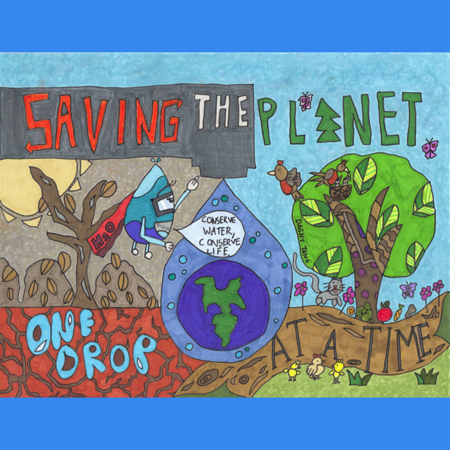 Three student artworks displayed on the side of the tunnel boring machine; first-place winner Dagny Tang of Montemalaga Elementary School is included.