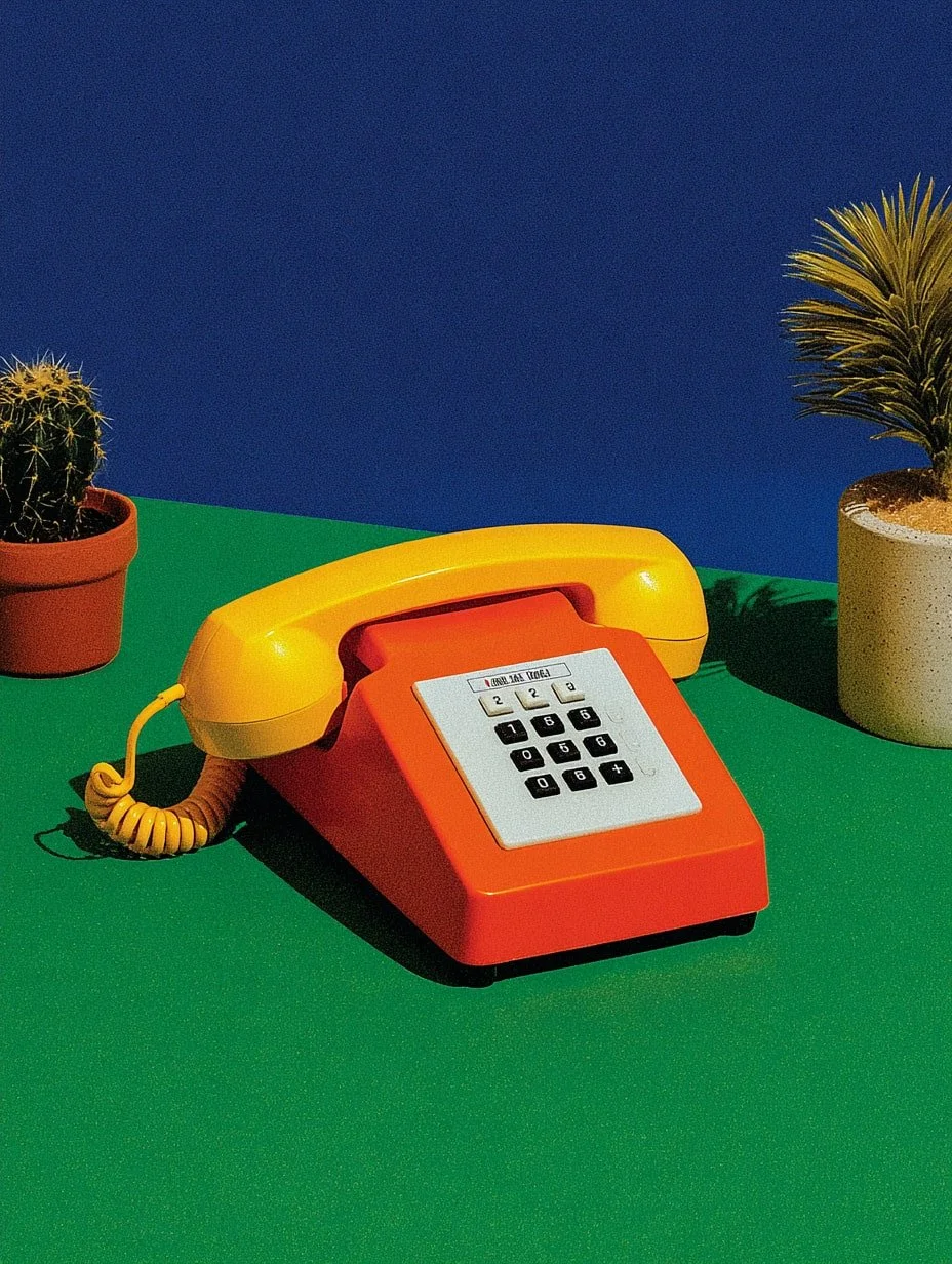 A vintage style red and yellow rotary phone with a small white keypad on top, placed on a green surface. Two potted plants are on either side, with a blue background.