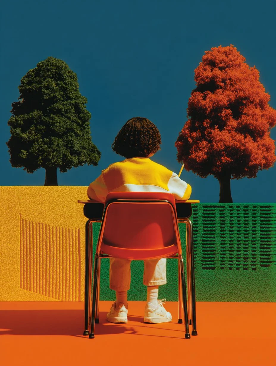 Child sitting at a desk, facing away, in front of a colorful wall with trees, with a deep blue sky in the background.