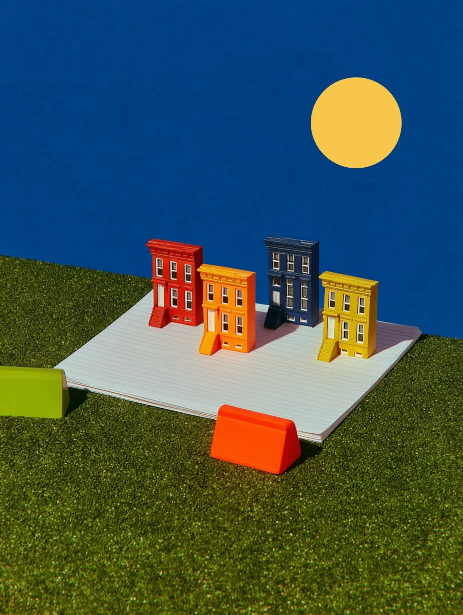 Colorful toy buildings arranged on a notebook on green turf, with a blue background and yellow circle resembling a sun.