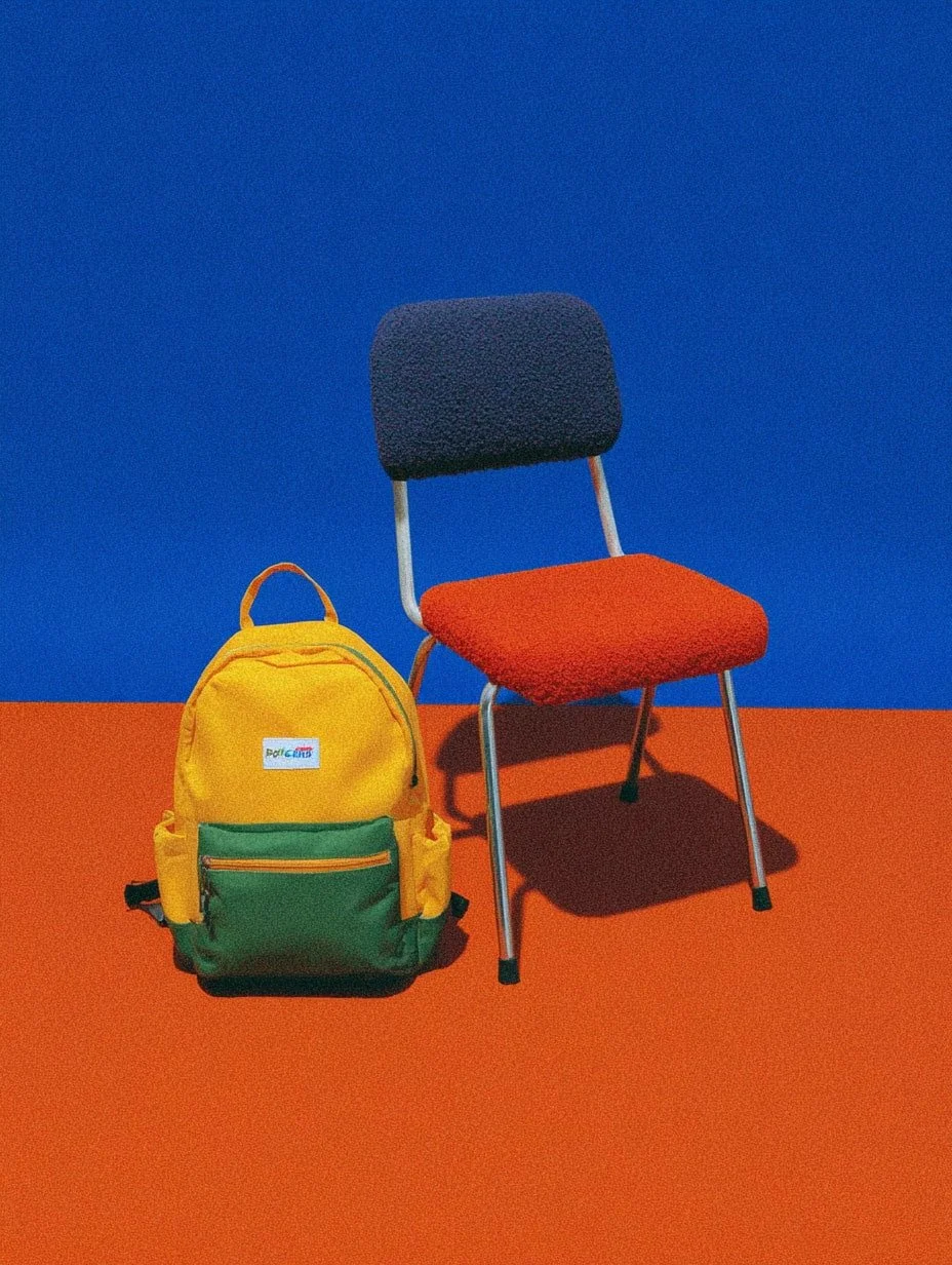 A dark gray and orange chair next to a yellow and green backpack on an orange floor with a blue background.