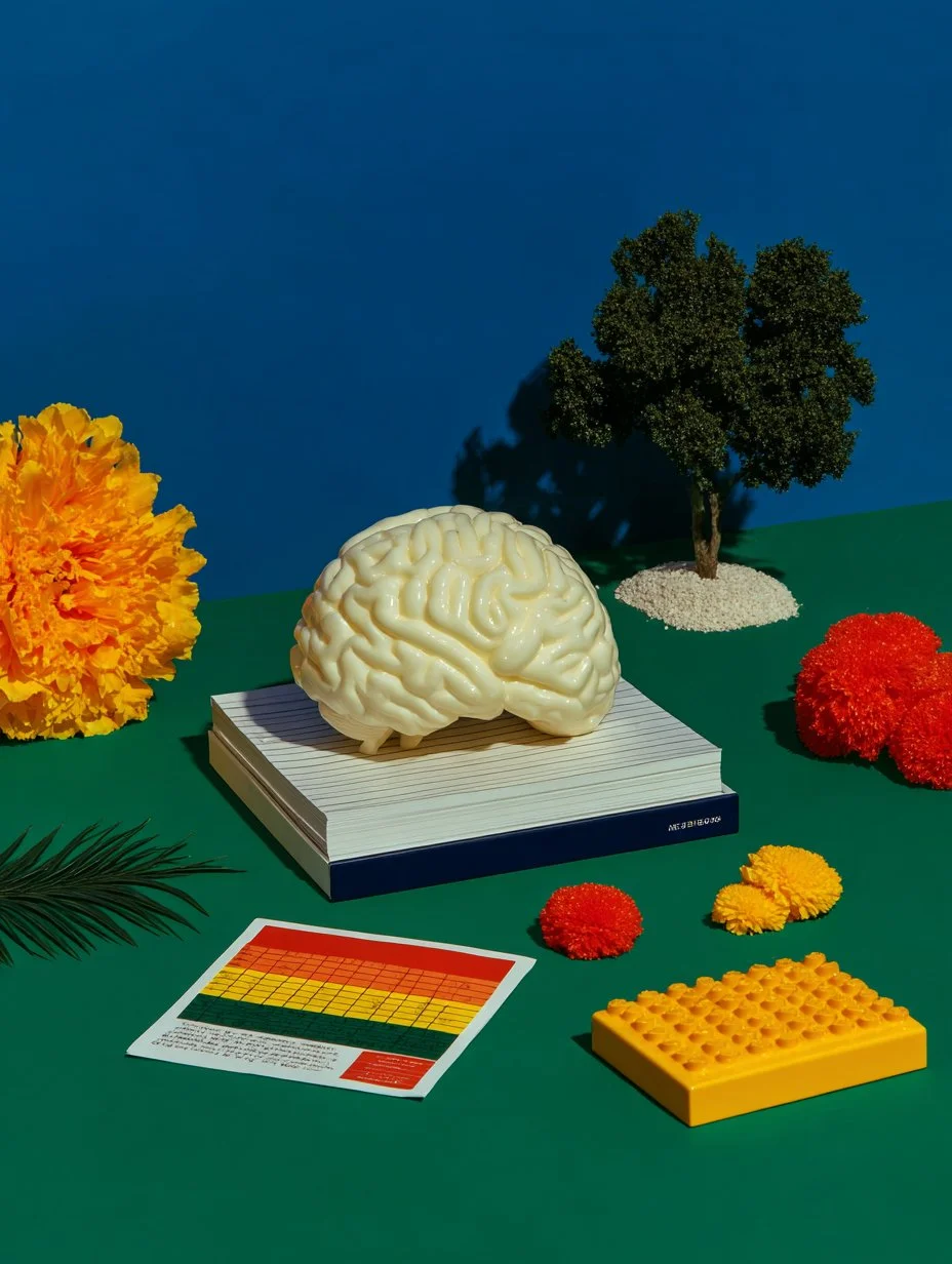 A green table with a model of a brain on a book, colorful flower-like decorations, a small tree, a color chart, and a yellow Lego block, set against a blue background.