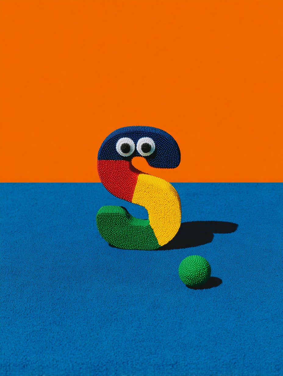Colorful beaded sculpture resembling a creature with googly eyes, set against a orange and blue background, with a small green ball on a blue surface.
